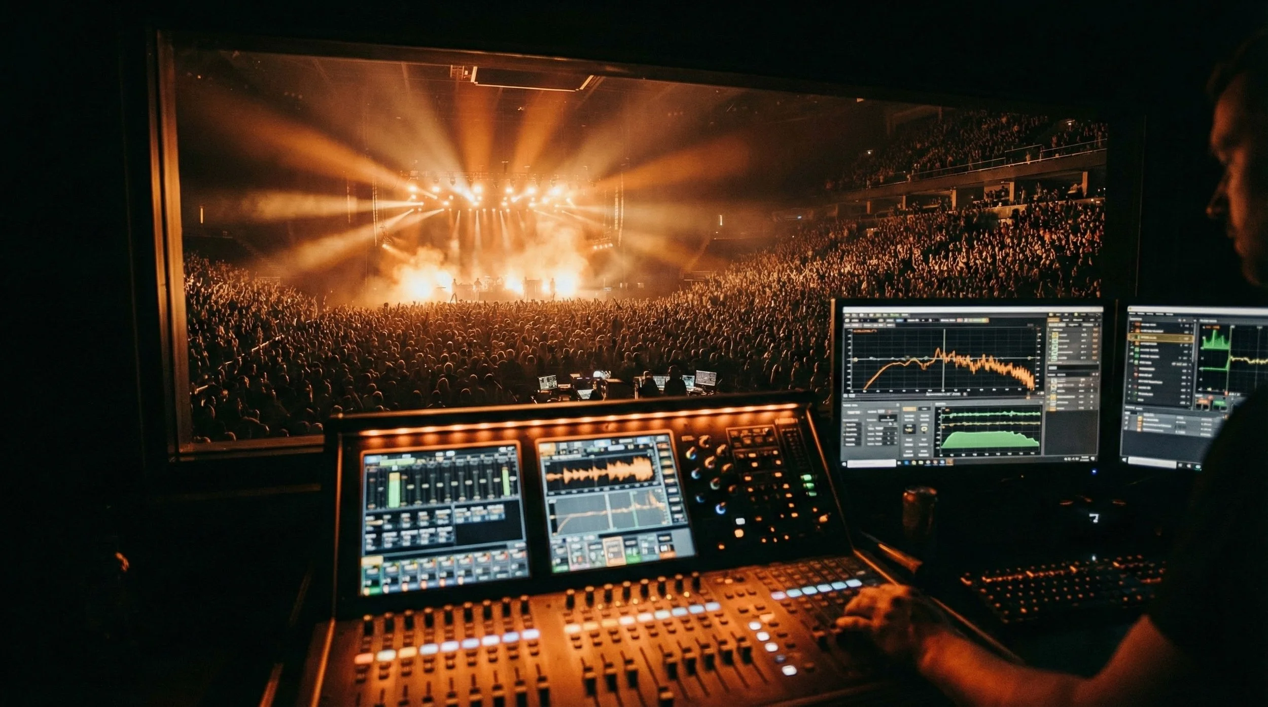 Concert crowd viewed from the front-of-house mixing position